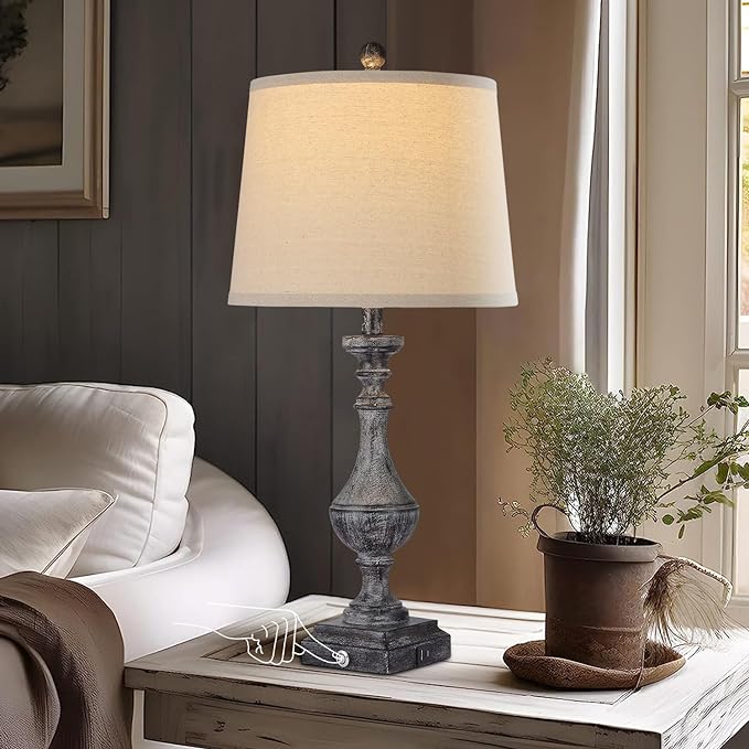 AKASUKI 27.5 Inch Drak Grey Farmhouse Table Lamps for Living Room Set of 2 with USB and Type-C Port, 3-Way Dimmable Table Lamps for Bedroom Vintage Rustic Bedside Lamps for bedrooms(Bulbs Included) - LeafyLoom
