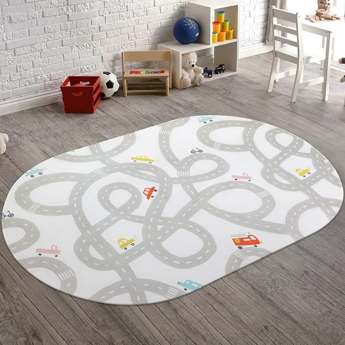 Road Traffic Kids Rug Children Playing with Cars Playmat 3x5 Ft, Washable Play Carpet for Kids Playroom, Non-Slip Have Fun Safe Baby Nursery Rug for Toddler Boy's Bedroom Game Room Grey - LeafyLoom