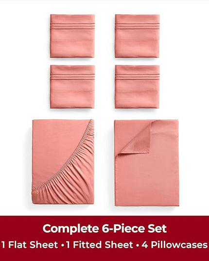 Mellanni Queen Sheets Set - 6 PC Iconic Collection Bedding Sheets & Pillowcases - Hotel Luxury, Ultra Soft, Cooling Bed Sheets - Deep Pocket up to 16 inch - 6 PC (Queen, Coral w/Extra Pillow Cases) - LeafyLoom