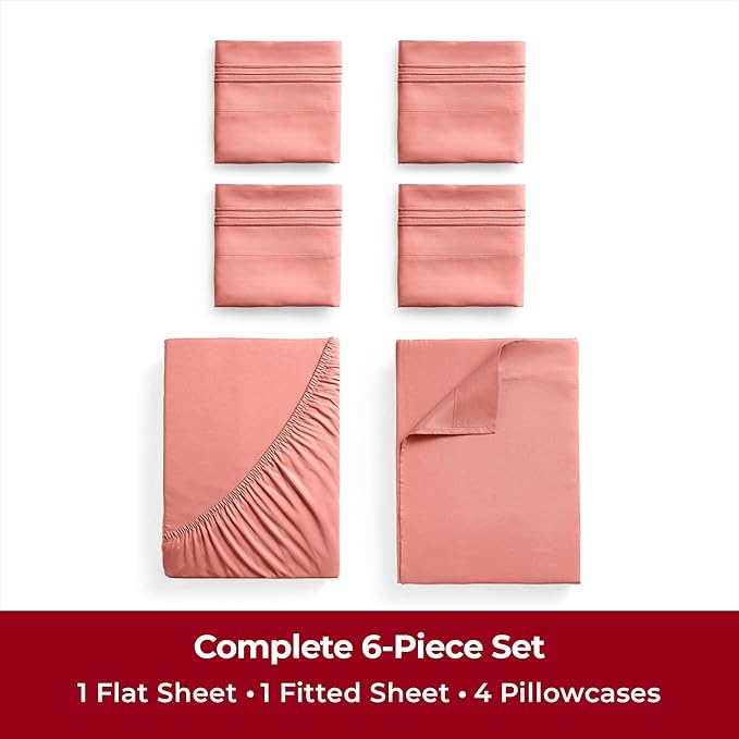 Mellanni King Sheets Set - 6 PC Iconic Collection Bedding Sheets & Pillowcases - Hotel Luxury, Ultra Soft, Cooling Bed Sheets - Deep Pocket up to 16 inch - 6 PC (King, Coral w/Extra Pillow Cases) - LeafyLoom
