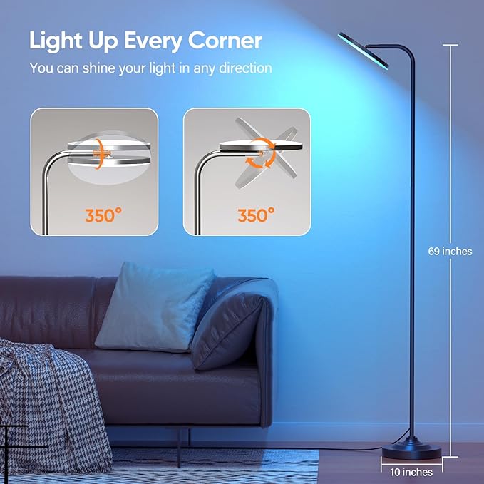 RGB Floor Lamp, 36W Bright LED Standing Lamp, Stepless Dimming Color Changing Torchiere Floor Lamps with Remote, 350°Rotating Modern Tall Floor Lamp for Living Room, Gaming Room - LeafyLoom