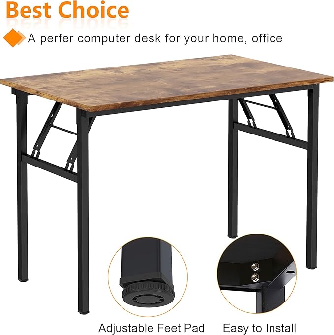 Need Folding Desk for Home Office 39-3/8 inch Length Modern Folding Table Computer Desk No Install Needed Rustic Brown Desktop Black Frame AC5FB(100 * 60) - LeafyLoom