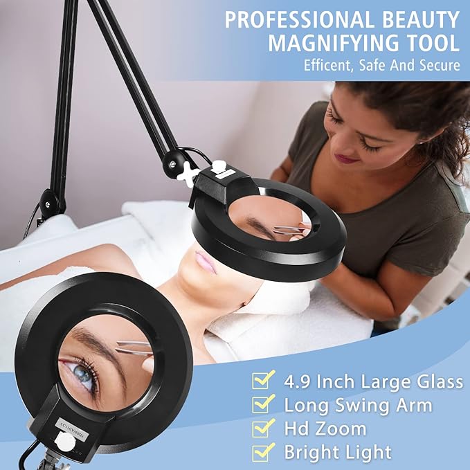 8X Magnifying Glass with Light and Stand, LANCOSC Floor Lamp with 5-Wheel Rolling Base for Facials Lash Estheticians, 1,500 Lumens Dimmable LED Lighted Magnifier for Reading Sewing Crafts - Black - LeafyLoom