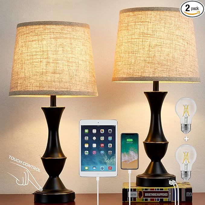 Luvkczc Table Lamps for Bedrooms Set of 2, Bedside Lamps with USB C+A Ports, Lamps for Nightstand, Touch Table Lamps, 3 Way Dimmable Nightstand Lamps for Bedroom, Living Room (Bulb Included) - LeafyLoom