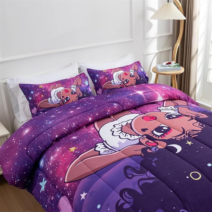 NTBED African American Black Girl Comforter Set Galaxy Afro Girl Microfiber Bedding Sets Full Size - LeafyLoom