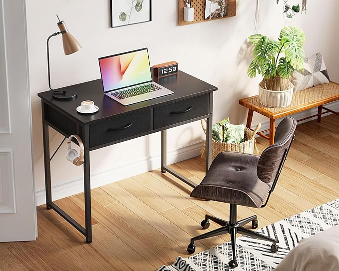 ODK Small Desk with Fabric Drawers- for Bedroom, White Study Desk with Storage, Home Office Computer Desk for Small Spaces, 32 Inch Modern Work Writing Kids Table, Black - LeafyLoom