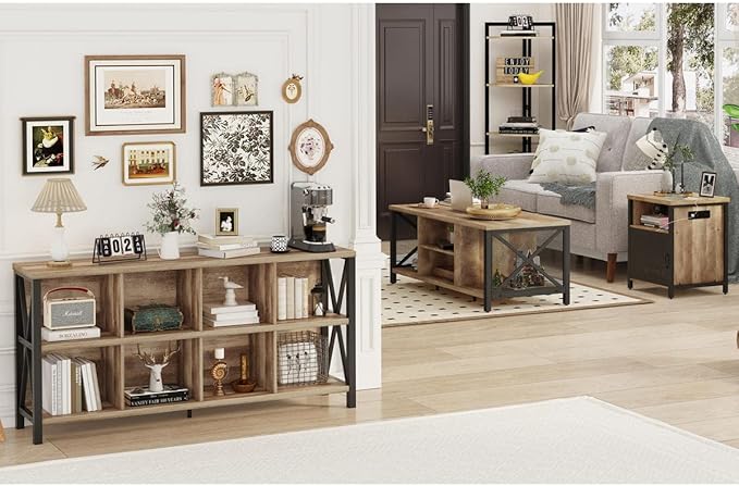 FATORRI 8 Cube Storage Organizer Bookshelf, Rustic Wood Cubby Bookcase, Industrial Horizontal Long Shelf for Living Room (Rustic Oak, 62 Inch) - LeafyLoom