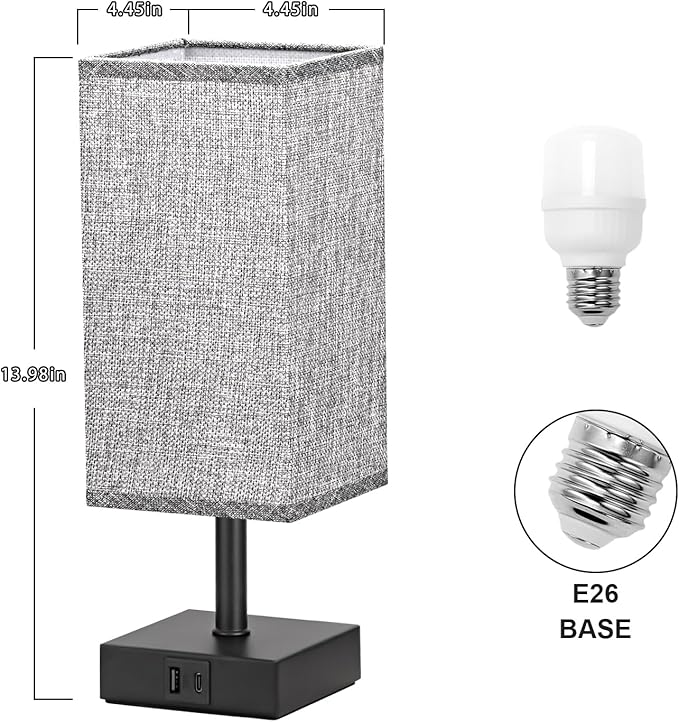 Ambimall Grey Table Lamp with USB Ports - 3 Way Touch Lamps Beside Desk, Nightstand Lamp for Bedrooms Living Room, Grey Shade with Black Base, LED Bulb Included(Grey) - LeafyLoom