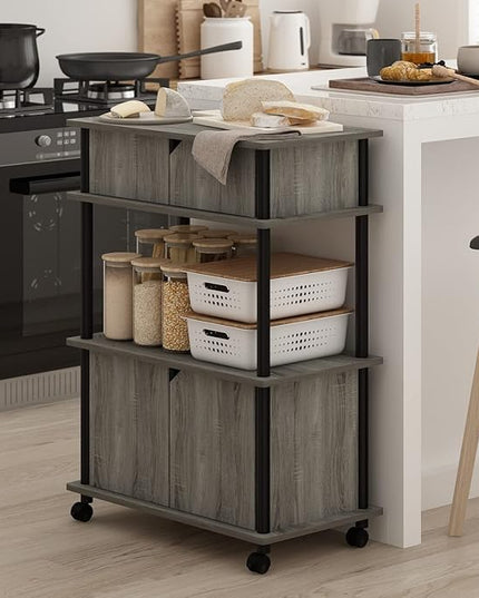 Furinno Turn-N-Tube Kitchen Storage Cart with Cabinet and Lockable Wheels, French Oak Grey/Black - LeafyLoom