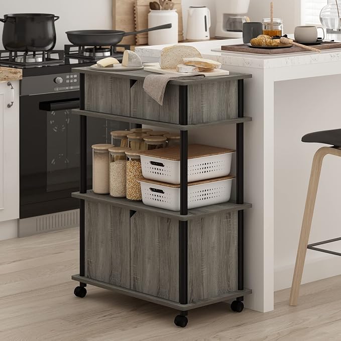 Furinno Turn-N-Tube Kitchen Storage Cart with Cabinet and Lockable Wheels, French Oak Grey/Black - LeafyLoom