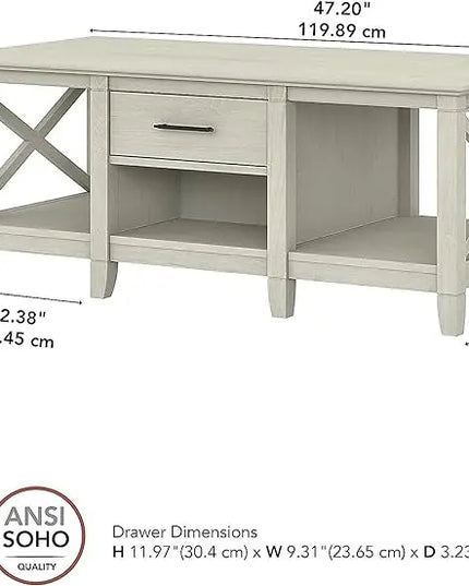 Bush Furniture Key West Coffee Table with Storage in Linen White Oak - LeafyLoom
