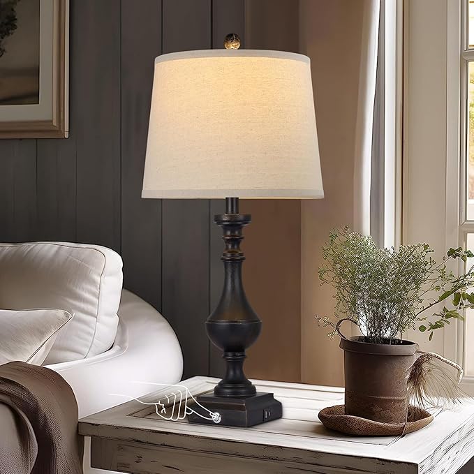 AKASUKI 27.5 Inch Black Farmhouse Table Lamps for Living Room Set of 2 with USB and Type-C Port, 3-Way Dimmable Table Lamps for Bedroom Vintage Rustic Bedside Lamps for bedrooms(2 Bulbs Included) - LeafyLoom