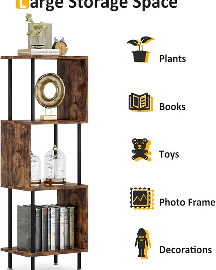 4 Tier Modern Bookshelf, S-Shaped Bookcase,Small Book Shelf for Small Spaces, Unique Bookshelf for Storage Organizer Living Room Bedroom Home Office, Brown - LeafyLoom