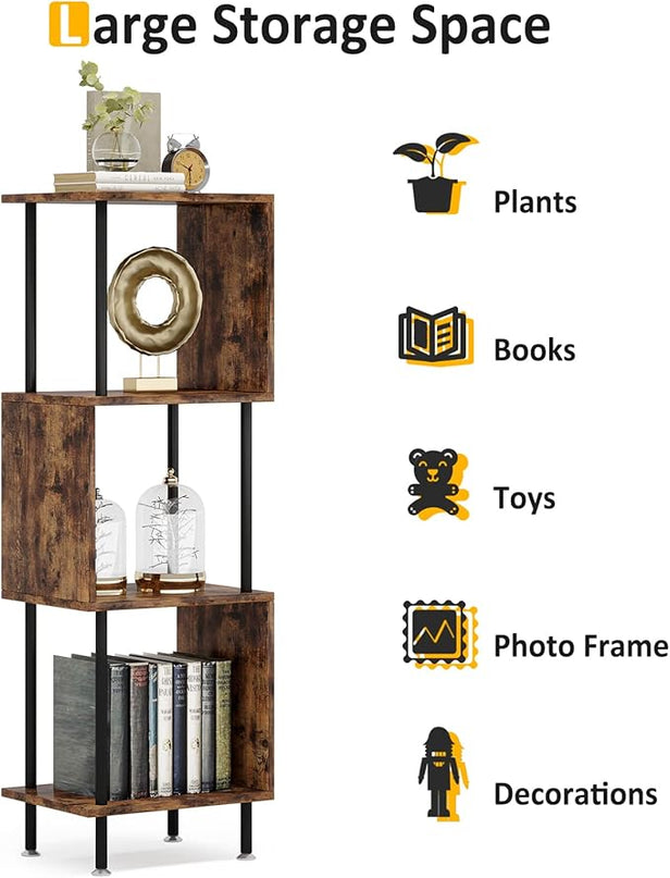 4 Tier Modern Bookshelf, S-Shaped Bookcase,Small Book Shelf for Small Spaces, Unique Bookshelf for Storage Organizer Living Room Bedroom Home Office, Brown - LeafyLoom