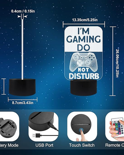Do Not Disturb I'm Gaming Night Light,Gamepad Graphic Video Games Gamer Gift Funny 3D Illusion Lamp 16 Colors Changing Touch & Remote Control for Men Teenagers and Kids - LeafyLoom