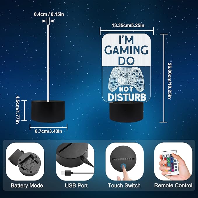 Do Not Disturb I'm Gaming Night Light,Gamepad Graphic Video Games Gamer Gift Funny 3D Illusion Lamp 16 Colors Changing Touch & Remote Control for Men Teenagers and Kids - LeafyLoom