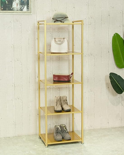 Gold Shelf, Gold Bookcase, 5-Tier Bookshelf Shoe Purse Handbag Rack Shelving Unit Etagere Tall Narrow Metal Corner Shelf Boutique Display Storage Retail Commercial Stand(19.7x15.7x63) - LeafyLoom