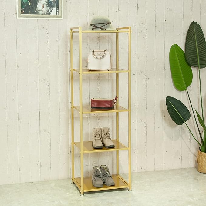 Gold Shelf, Gold Bookcase, 5-Tier Bookshelf Shoe Purse Handbag Rack Shelving Unit Etagere Tall Narrow Metal Corner Shelf Boutique Display Storage Retail Commercial Stand(19.7x15.7x63) - LeafyLoom