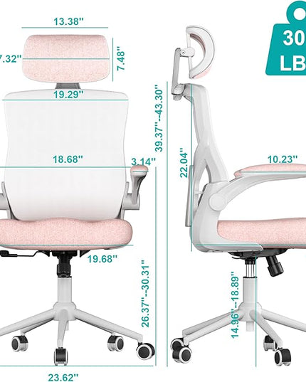 Ergonomic Office Chair, High Back Mesh Desk Chair with Thick Molded Foam Cushion, Coat Hanger, Adjustable Headrest, Lumbar Support, Tilt & Lock Function-Task Chair (Petal Pink) - LeafyLoom