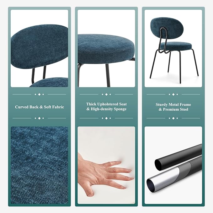 COLAMY Modern Fabric Dining Chairs Set of 4, Upholstered Dining Room Kitchen Chairs with Curved Backrest, Round Seat, Black Metal Legs, Green - LeafyLoom
