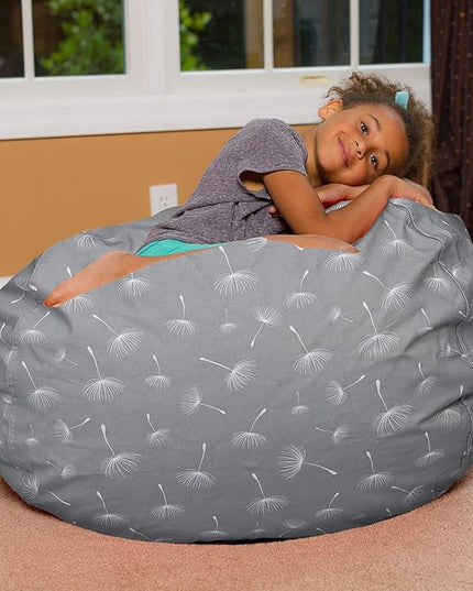 Posh Creations Bean Bag Chair for Kids, Teens, and Adults Includes Removable and Machine Washable Cover, Canvas White Dandelions on Gray, 38in - Large - LeafyLoom