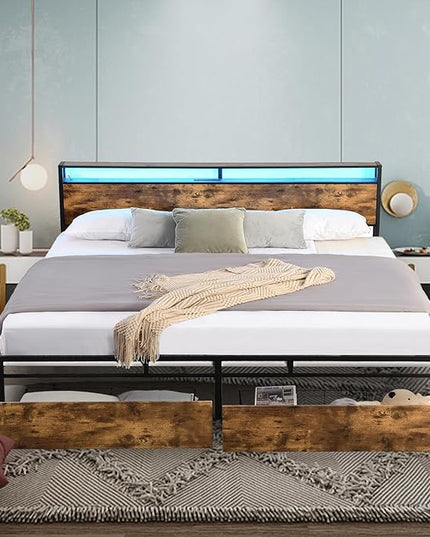 LED Full Bed Frame with 2 Storage Drawers & Headboard, Platform Metal Bed Frame with Charging Station, Noise-Free, No Box Spring Needed, Vintage Brown - LeafyLoom
