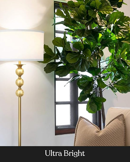 Brightech Riley LED Floor lamp, Boho Lamp for Living Rooms & Offices, Great Living Room Décor, Mid-Century Standing Lamp for Bedroom Reading, Tall Lamp with Drum Shade - Gold/Brass - LeafyLoom