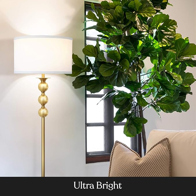 Brightech Riley LED Floor lamp, Boho Lamp for Living Rooms & Offices, Great Living Room Décor, Mid-Century Standing Lamp for Bedroom Reading, Tall Lamp with Drum Shade - Gold/Brass - LeafyLoom