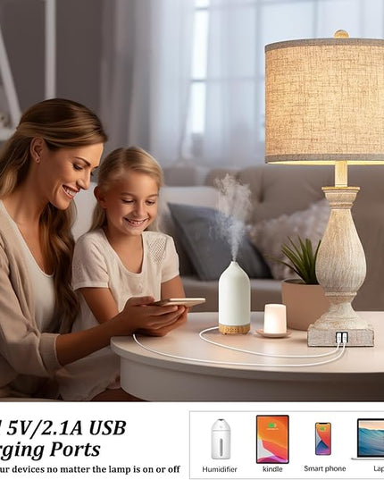 Farmhouse Table Lamps for Living Room Bedside Lamps for Nightstand Vintage Rustic Table Lamps for Bedrooms Set of 2 with USB Charging Ports Wooden Finish Bulbs Not Included - LeafyLoom