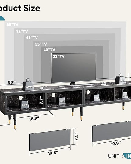 Bestier Mid Century Modern TV Stand for 85 inch tv, Entertainment Center with Storage and Sliding Doors, 2 in 1 Long TV Cabinet for Living Room, Black Marble - LeafyLoom