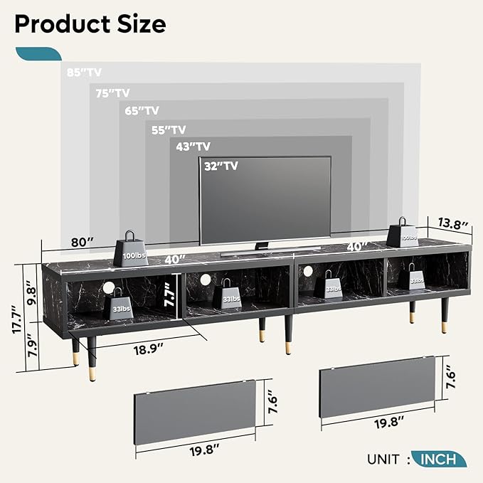 Bestier Mid Century Modern TV Stand for 85 inch tv, Entertainment Center with Storage and Sliding Doors, 2 in 1 Long TV Cabinet for Living Room, Black Marble - LeafyLoom