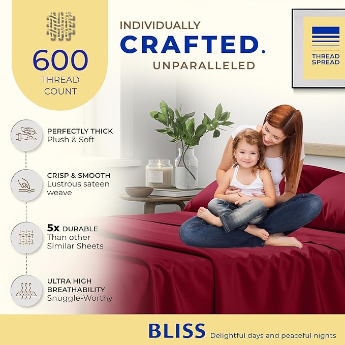 THREAD SPREAD 100% Egyptian Cotton Split King Sheets Sets For Adjustable Bed - 600 Thread Count 5 PC Top Split King Sheets, 16" Deep Pocket Soft Cooling Sheets For Split King Adjustable Bed - Burgundy - LeafyLoom