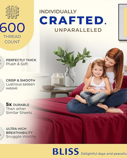 THREAD SPREAD Luxury Egyptian Cotton Sheets Twin XL Size - 600 Thread Count 3 PC Twin XL Sheets Deep Pockets, Soft, Cooling Extra Long Staple Sateen Weave College Dorm Bedding Twin XL - Burgundy - LeafyLoom