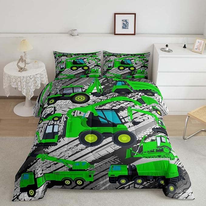 Excavator Down Comforter, Kids Boys Cartoon Car Comforter Set Twin, Children Tractor Truck Duvet Sets Girls Construction Vehicle Bulldozer Bedding Set 2 Pieces with 1 Pillow Case, Green Gray - LeafyLoom