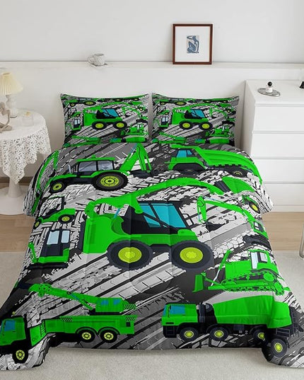 Excavator Down Comforter, Kids Boys Cartoon Car Comforter Set Full, Children Tractor Truck Duvet Sets Girls Construction Vehicle Bulldozer Bedding Set 3 Pieces with 2 Pillow Cases, Green Gray - LeafyLoom