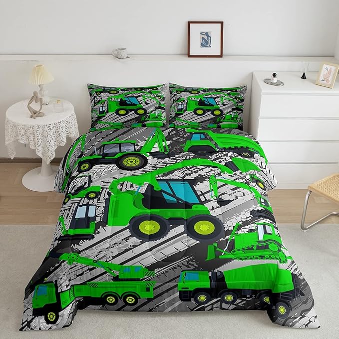 Excavator Down Comforter, Kids Boys Cartoon Car Comforter Set Full, Children Tractor Truck Duvet Sets Girls Construction Vehicle Bulldozer Bedding Set 3 Pieces with 2 Pillow Cases, Green Gray - LeafyLoom