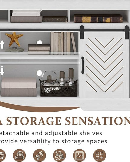 Farmhouse TV Stand with Sliding Barn Door for TVs up to 65+ Inch, 34" Tall Entertainment Center, Wood Media Console Storage Cabinet for Bedroom, Living Room, Rustic and Oak White - LeafyLoom
