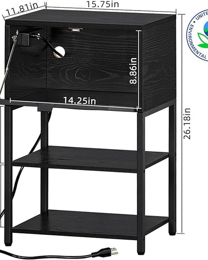Black Nightstands Set of 2 with Charging Station and USB Port, 3 Tier Industrial Night Stand, Bedside Table with Flip Storage Drawer and Open Shelf, End Side Table for Bedroom, Office, Dorm - LeafyLoom