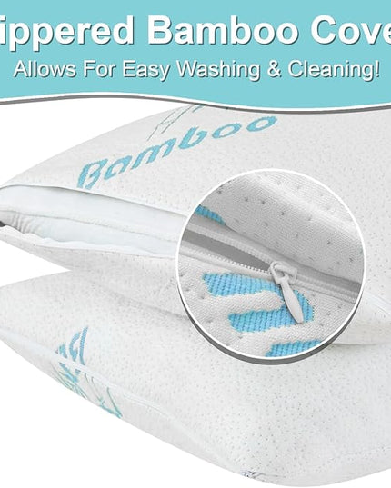 Cooling Rayon Of Bamboo Pillows Queen Size for Sleeping, +1 Extra Pillow Case, Shredded Adjustable Memory Foam Washable Zippered Breathable Cover, Relieves Neck Pain for Back/Stomach/Side Sleeper - LeafyLoom