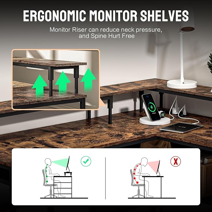 L Shaped Gaming Desk with Power Outlets & LED Lights, Computer Desk with Monitor Stand & Storage Shelves, Home Office L Shaped Desk Corner Gaming Desk, Brown - LeafyLoom