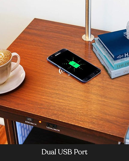 Brightech Madison Side Table with Lamp Combo, Desk Lamp with Wireless Charging Pad and USB Port, Bedside Reading Lamp, Nightstand Lamp with LED Bulb for Bedroom, Living Room, Office - Havana Brown - LeafyLoom