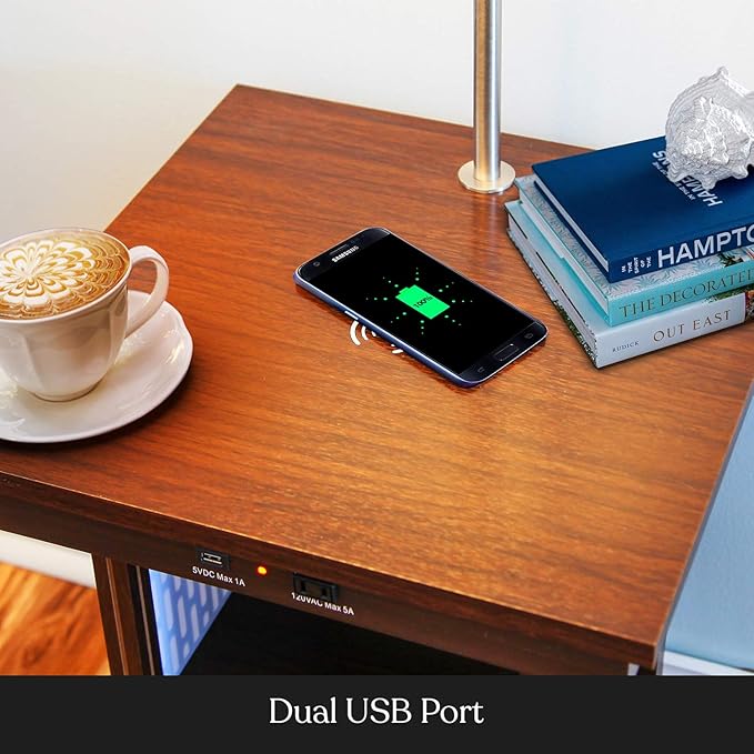 Brightech Madison Side Table with Lamp Combo, Desk Lamp with Wireless Charging Pad and USB Port, Bedside Reading Lamp, Nightstand Lamp with LED Bulb for Bedroom, Living Room, Office - Havana Brown - LeafyLoom