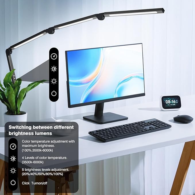 LED Desk Lamp with Clip, Multi-Angle Flexible 4-Segment 3-Light Source Office Desk Lamp, Clip-on Eye-Care 4 Color Temperature Modes&5 Brightness, Table Lamp for Home Office Studio Study Nail - LeafyLoom