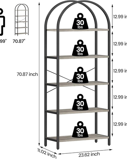 IDEALHOUSE Bookshelf 5 Tier Bookcase Arched Display Racks Tall Standing Bookshelves Metal Frame Farmhouse Storage Rack Shelf Grey Book Shelf for Bedroom, Living Room, Home Office - LeafyLoom