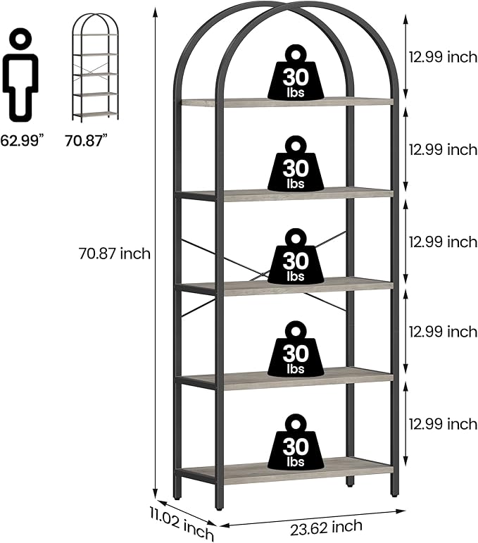 IDEALHOUSE Bookshelf 5 Tier Bookcase Arched Display Racks Tall Standing Bookshelves Metal Frame Farmhouse Storage Rack Shelf Grey Book Shelf for Bedroom, Living Room, Home Office - LeafyLoom