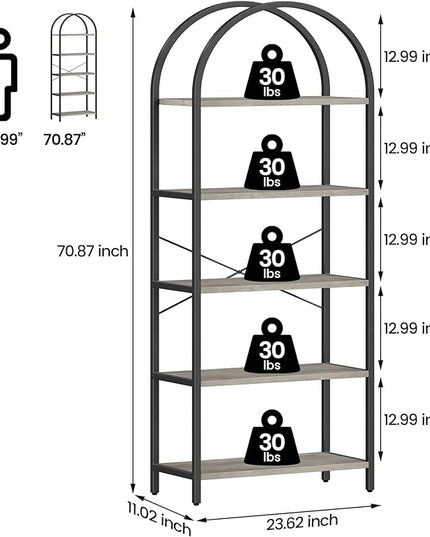 GAOMON 5 Tier Bookshelf Arched Bookcase Modern Standing Bookshelves Tall Display Racks Metal Book Shelf for Bedroom, Living Room, Home Office - LeafyLoom