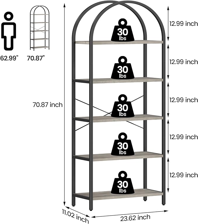 GAOMON 5 Tier Bookshelf Arched Bookcase Modern Standing Bookshelves Tall Display Racks Metal Book Shelf for Bedroom, Living Room, Home Office - LeafyLoom