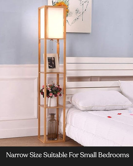 Brightech Maxwell - Modern Shelf Floor Lamp with Lamp Shade and LED Bulb - Corner Display Floor Lamps with Shelves for Living Room, Bedroom and Office - Natural Wood - LeafyLoom