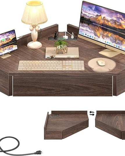 armocity Floating Corner Desk with Outlets & USB Ports, Wall-Mounted Corner Table for Small Space, Triangle Computer Desk with Drawer for Home Office, Vanity Desk, Corner Space, Bedroom, Espresso - LeafyLoom