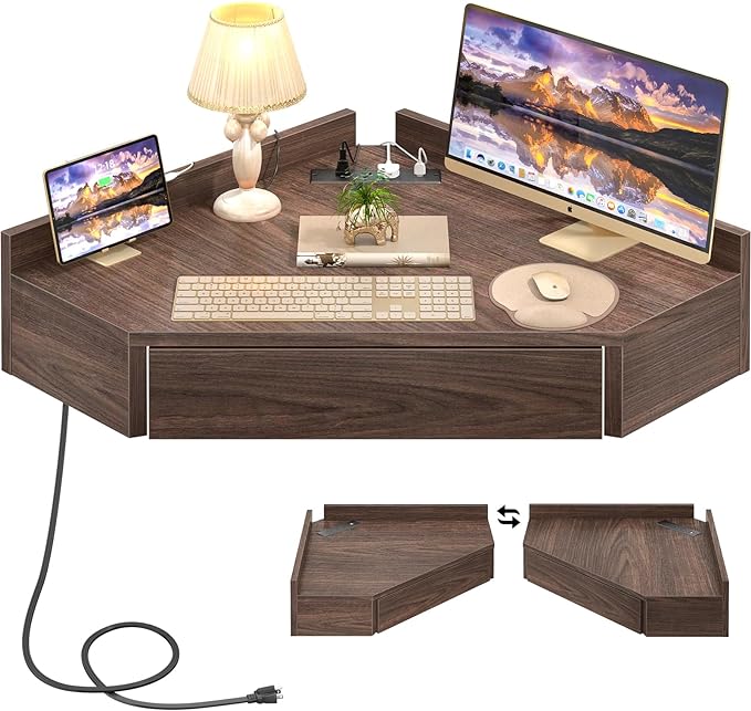armocity Floating Corner Desk with Outlets & USB Ports, Wall-Mounted Corner Table for Small Space, Triangle Computer Desk with Drawer for Home Office, Vanity Desk, Corner Space, Bedroom, Espresso - LeafyLoom